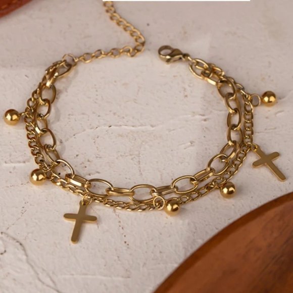 Jewelry - NEW 18K Gold Plated Cross Bead Link Chain Double Layer Bracelet